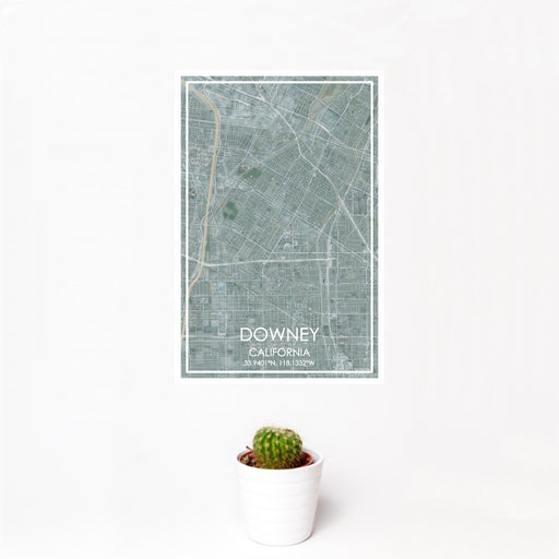 12x18 Downey California Map Print Portrait Orientation in Afternoon Style With Small Cactus Plant in White Planter