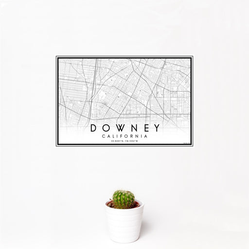 12x18 Downey California Map Print Landscape Orientation in Classic Style With Small Cactus Plant in White Planter
