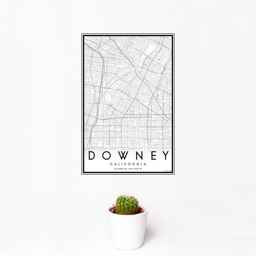 12x18 Downey California Map Print Portrait Orientation in Classic Style With Small Cactus Plant in White Planter