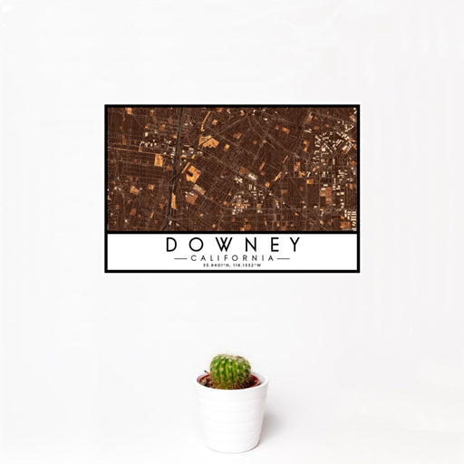 12x18 Downey California Map Print Landscape Orientation in Ember Style With Small Cactus Plant in White Planter