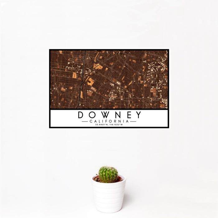12x18 Downey California Map Print Landscape Orientation in Ember Style With Small Cactus Plant in White Planter