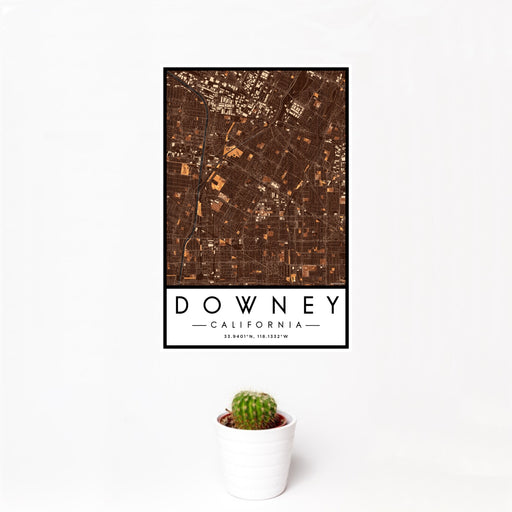 12x18 Downey California Map Print Portrait Orientation in Ember Style With Small Cactus Plant in White Planter