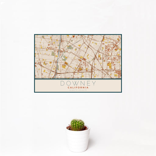 12x18 Downey California Map Print Landscape Orientation in Woodblock Style With Small Cactus Plant in White Planter