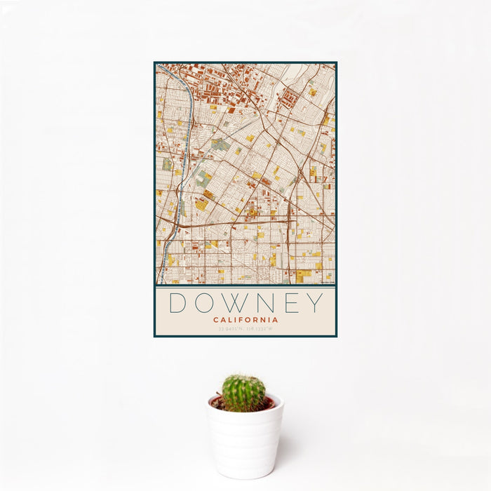 12x18 Downey California Map Print Portrait Orientation in Woodblock Style With Small Cactus Plant in White Planter