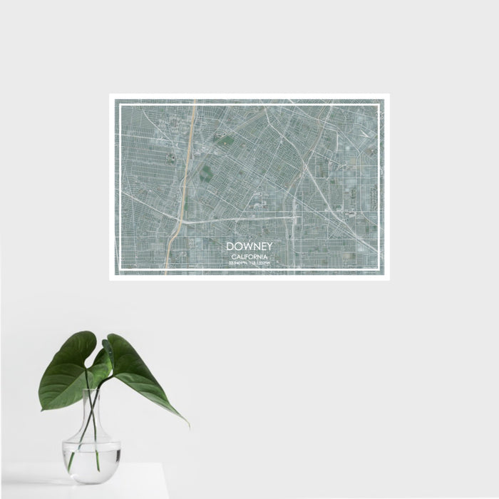 16x24 Downey California Map Print Landscape Orientation in Afternoon Style With Tropical Plant Leaves in Water