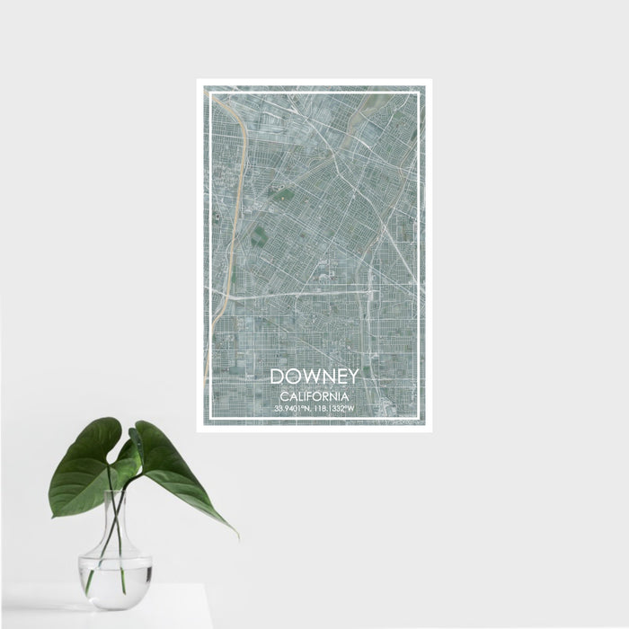 16x24 Downey California Map Print Portrait Orientation in Afternoon Style With Tropical Plant Leaves in Water