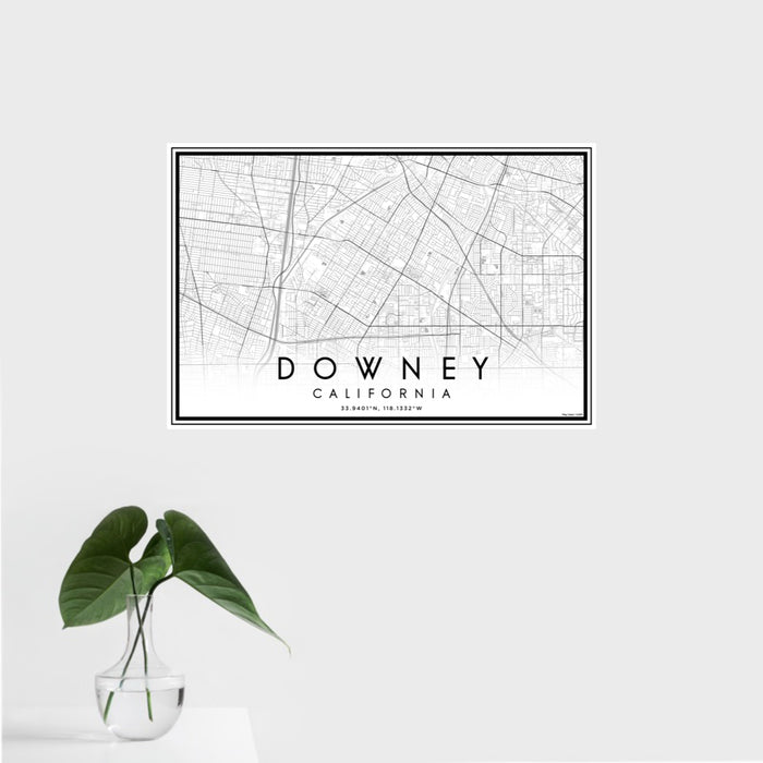 16x24 Downey California Map Print Landscape Orientation in Classic Style With Tropical Plant Leaves in Water