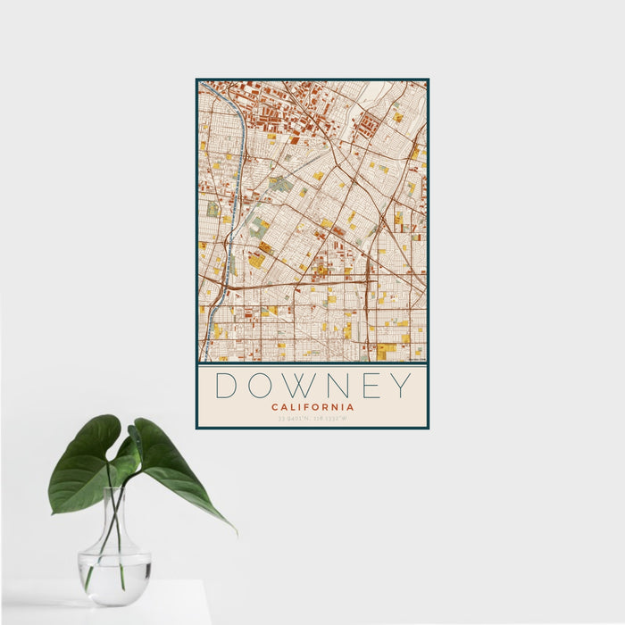 16x24 Downey California Map Print Portrait Orientation in Woodblock Style With Tropical Plant Leaves in Water