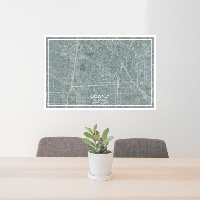 24x36 Downey California Map Print Lanscape Orientation in Afternoon Style Behind 2 Chairs Table and Potted Plant
