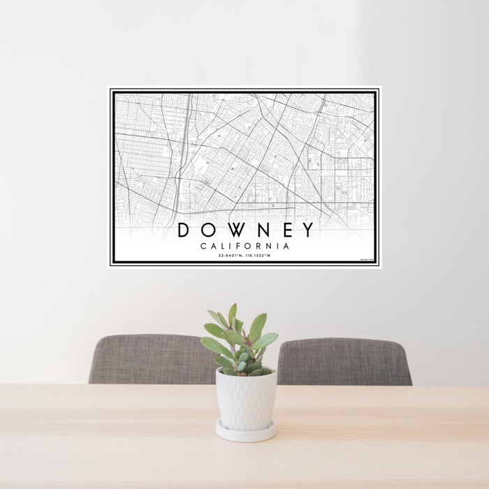 24x36 Downey California Map Print Lanscape Orientation in Classic Style Behind 2 Chairs Table and Potted Plant