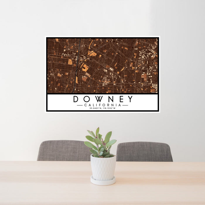 24x36 Downey California Map Print Lanscape Orientation in Ember Style Behind 2 Chairs Table and Potted Plant