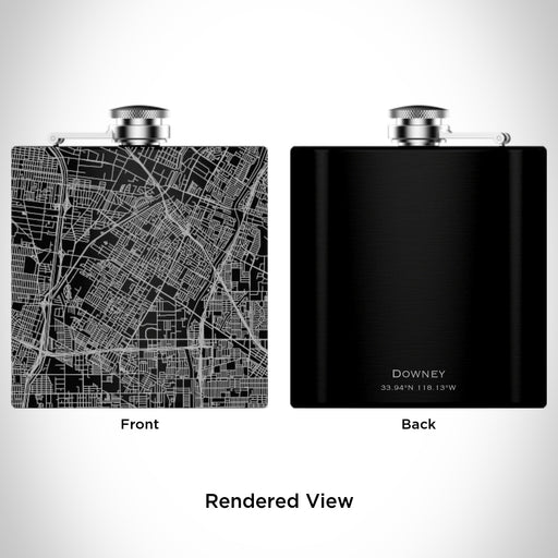 Rendered View of Downey California Map Engraving on 6oz Stainless Steel Flask in Black