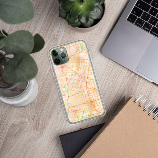 Custom Downey California Map Phone Case in Watercolor on Table with Laptop and Plant