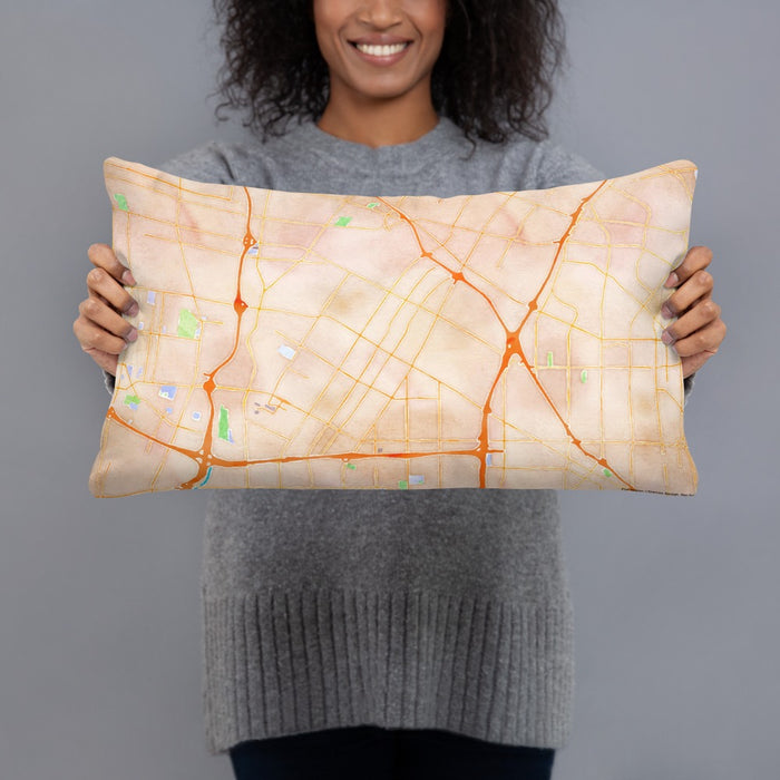 Person holding 20x12 Custom Downey California Map Throw Pillow in Watercolor