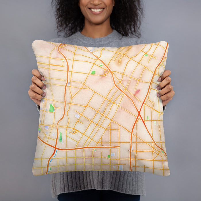 Person holding 18x18 Custom Downey California Map Throw Pillow in Watercolor