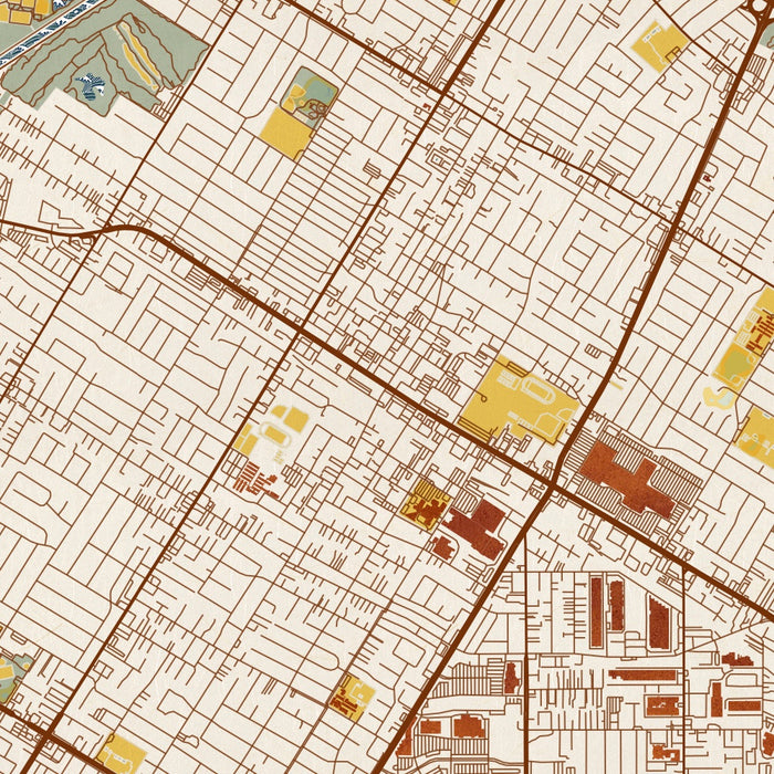 Downey California Map Print in Woodblock Style Zoomed In Close Up Showing Details