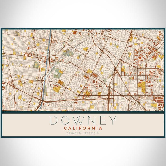 Downey California Map Print Landscape Orientation in Woodblock Style With Shaded Background