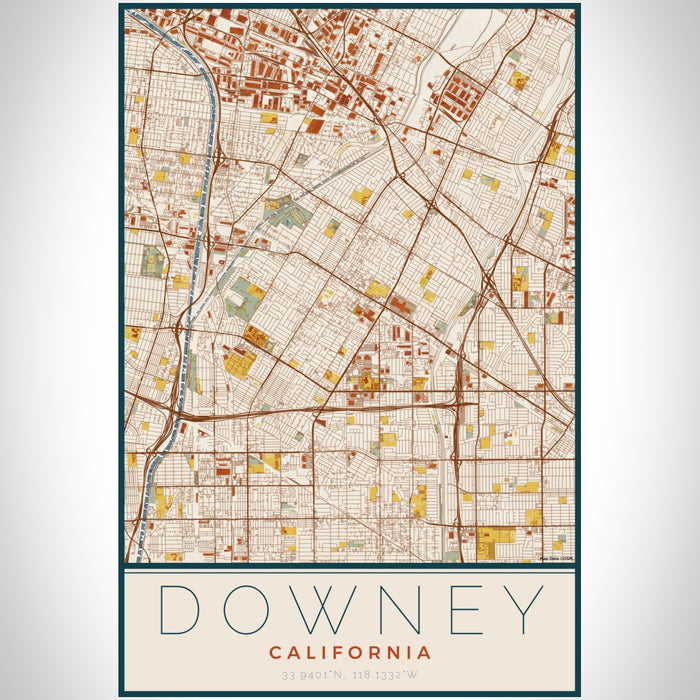 Downey California Map Print Portrait Orientation in Woodblock Style With Shaded Background