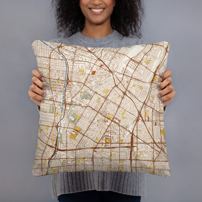 Person holding 18x18 Custom Downey California Map Throw Pillow in Woodblock