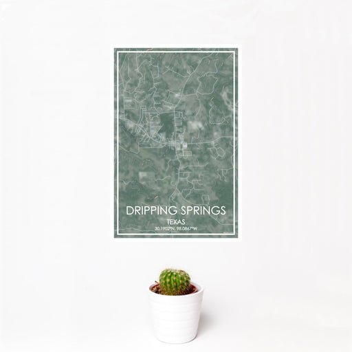 12x18 Dripping Springs Texas Map Print Portrait Orientation in Afternoon Style With Small Cactus Plant in White Planter