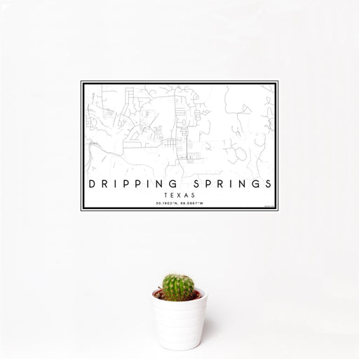 12x18 Dripping Springs Texas Map Print Landscape Orientation in Classic Style With Small Cactus Plant in White Planter