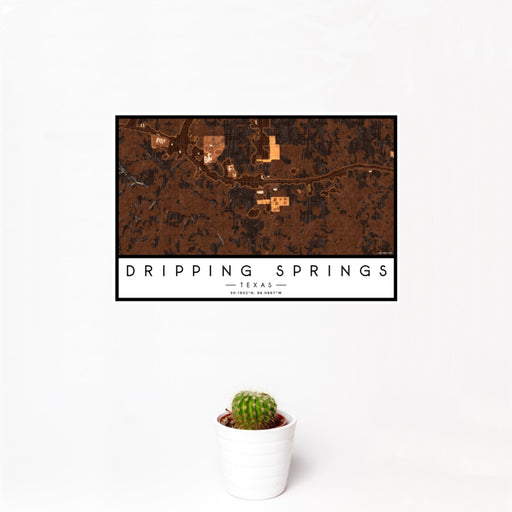 12x18 Dripping Springs Texas Map Print Landscape Orientation in Ember Style With Small Cactus Plant in White Planter