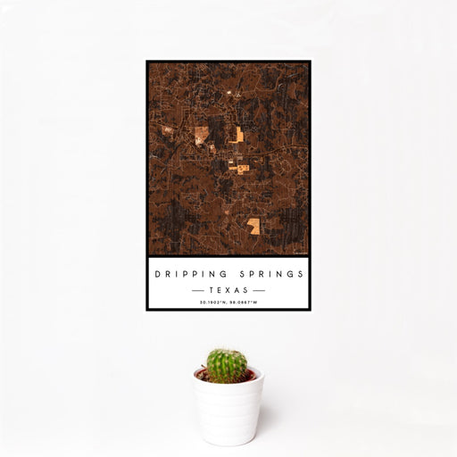 12x18 Dripping Springs Texas Map Print Portrait Orientation in Ember Style With Small Cactus Plant in White Planter