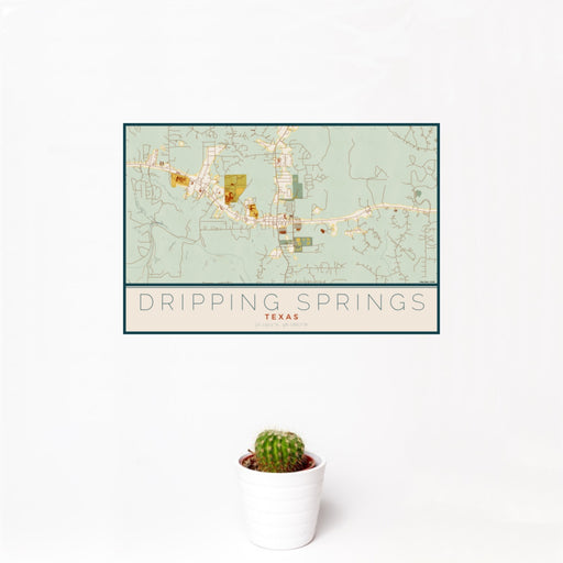 12x18 Dripping Springs Texas Map Print Landscape Orientation in Woodblock Style With Small Cactus Plant in White Planter