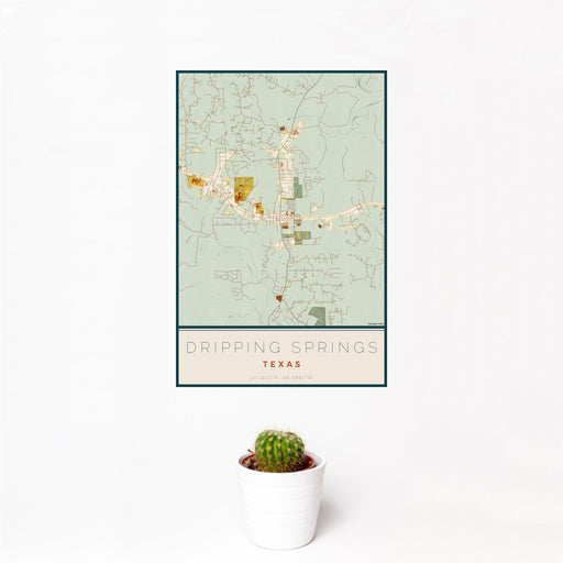 12x18 Dripping Springs Texas Map Print Portrait Orientation in Woodblock Style With Small Cactus Plant in White Planter