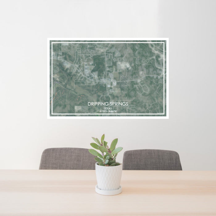 24x36 Dripping Springs Texas Map Print Lanscape Orientation in Afternoon Style Behind 2 Chairs Table and Potted Plant