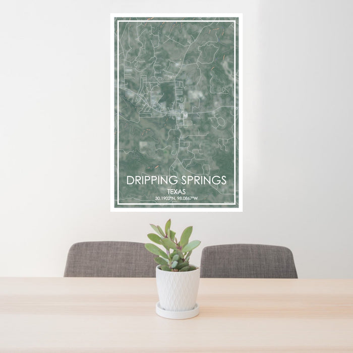 24x36 Dripping Springs Texas Map Print Portrait Orientation in Afternoon Style Behind 2 Chairs Table and Potted Plant