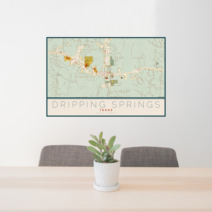 24x36 Dripping Springs Texas Map Print Lanscape Orientation in Woodblock Style Behind 2 Chairs Table and Potted Plant