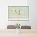 24x36 Dripping Springs Texas Map Print Lanscape Orientation in Woodblock Style Behind 2 Chairs Table and Potted Plant