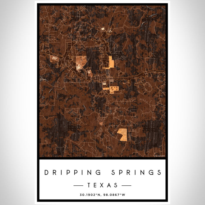 Dripping Springs Texas Map Print Portrait Orientation in Ember Style With Shaded Background
