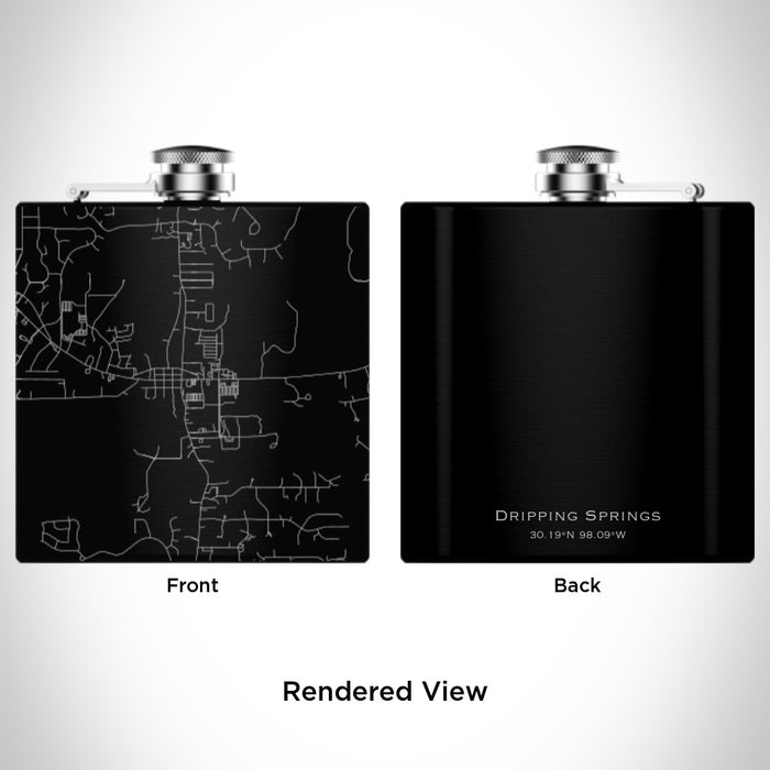 Rendered View of Dripping Springs Texas Map Engraving on 6oz Stainless Steel Flask in Black