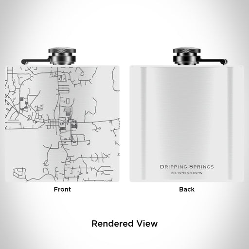 Rendered View of Dripping Springs Texas Map Engraving on 6oz Stainless Steel Flask in White