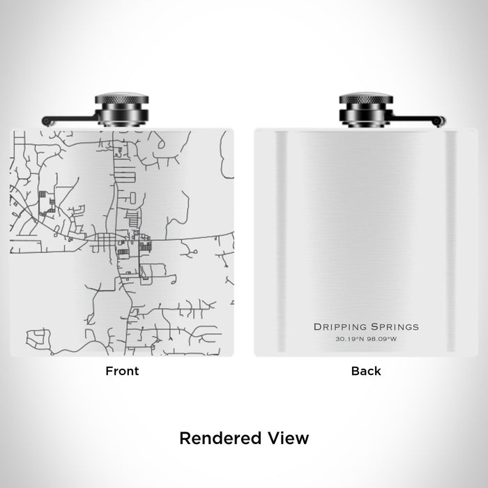 Rendered View of Dripping Springs Texas Map Engraving on 6oz Stainless Steel Flask in White
