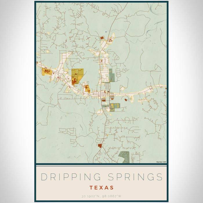 Dripping Springs Texas Map Print Portrait Orientation in Woodblock Style With Shaded Background