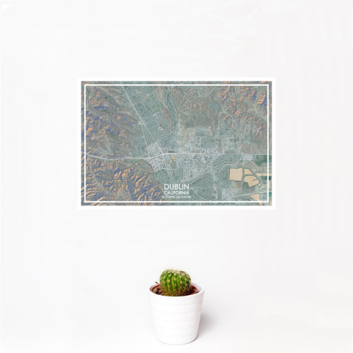 12x18 Dublin California Map Print Landscape Orientation in Afternoon Style With Small Cactus Plant in White Planter