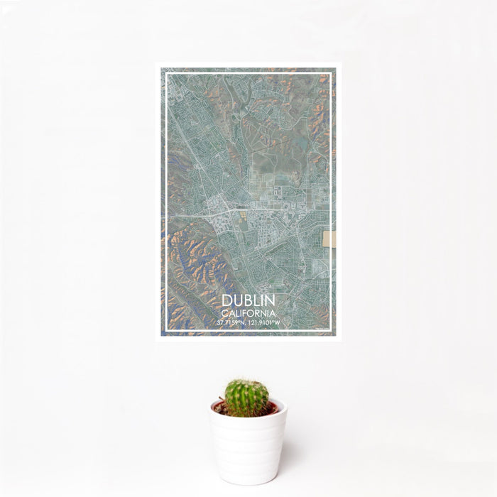 12x18 Dublin California Map Print Portrait Orientation in Afternoon Style With Small Cactus Plant in White Planter