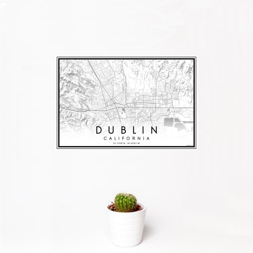 12x18 Dublin California Map Print Landscape Orientation in Classic Style With Small Cactus Plant in White Planter