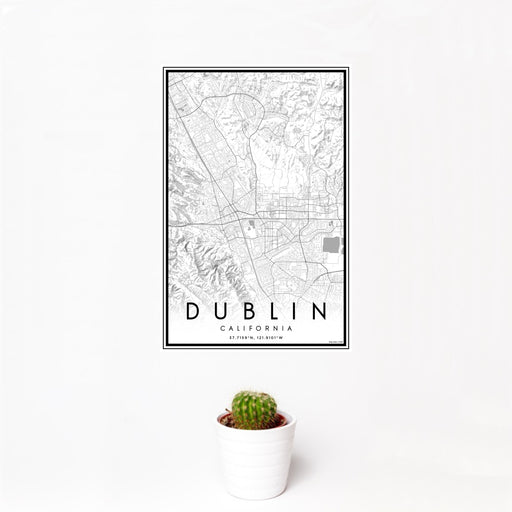 12x18 Dublin California Map Print Portrait Orientation in Classic Style With Small Cactus Plant in White Planter