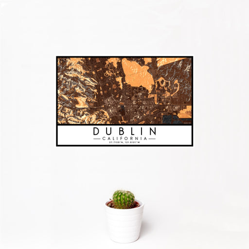 12x18 Dublin California Map Print Landscape Orientation in Ember Style With Small Cactus Plant in White Planter
