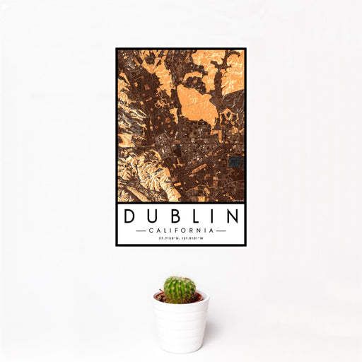 12x18 Dublin California Map Print Portrait Orientation in Ember Style With Small Cactus Plant in White Planter
