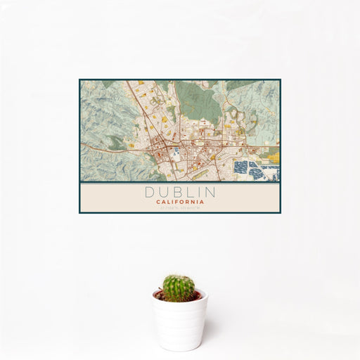 12x18 Dublin California Map Print Landscape Orientation in Woodblock Style With Small Cactus Plant in White Planter