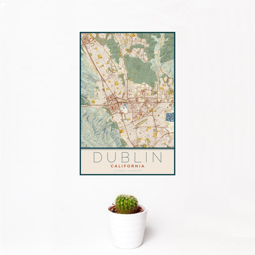 12x18 Dublin California Map Print Portrait Orientation in Woodblock Style With Small Cactus Plant in White Planter