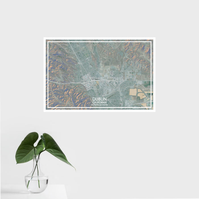 16x24 Dublin California Map Print Landscape Orientation in Afternoon Style With Tropical Plant Leaves in Water
