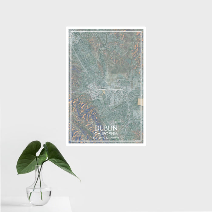 16x24 Dublin California Map Print Portrait Orientation in Afternoon Style With Tropical Plant Leaves in Water