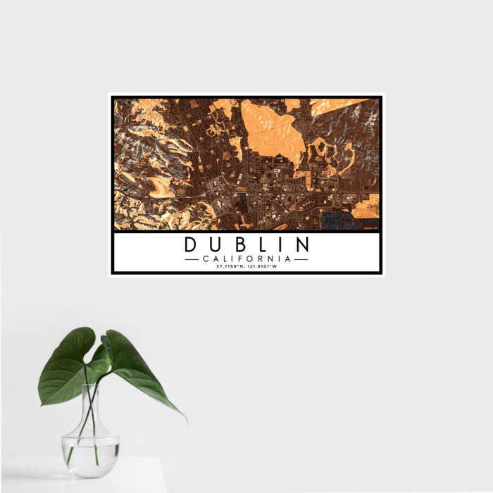16x24 Dublin California Map Print Landscape Orientation in Ember Style With Tropical Plant Leaves in Water