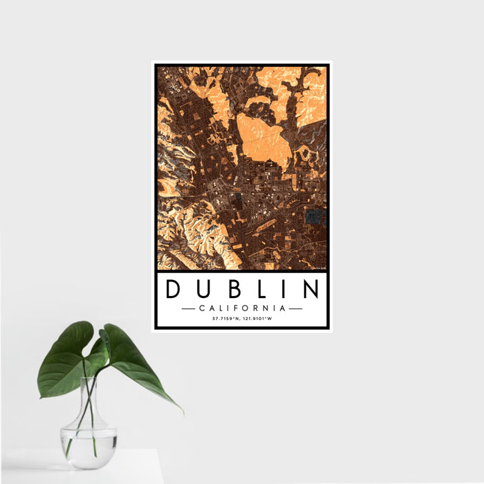 16x24 Dublin California Map Print Portrait Orientation in Ember Style With Tropical Plant Leaves in Water
